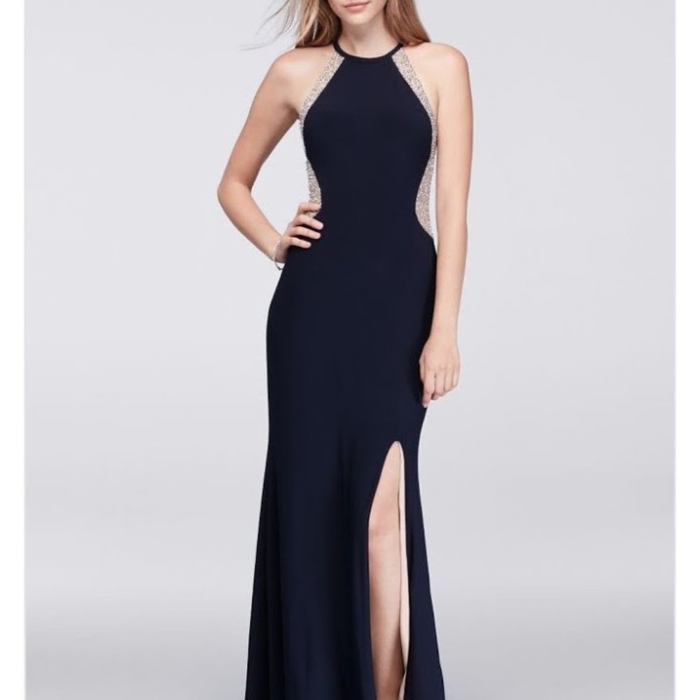 Beaded Illusion Cutaway Jersey Gown